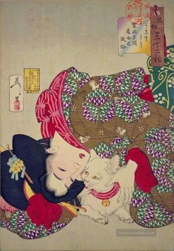 Eine junge Frau aus der Zeit der Kansei, die mit ihrer Katze Tsukioka Yoshitoshi Japanisch spielt Ölgemälde